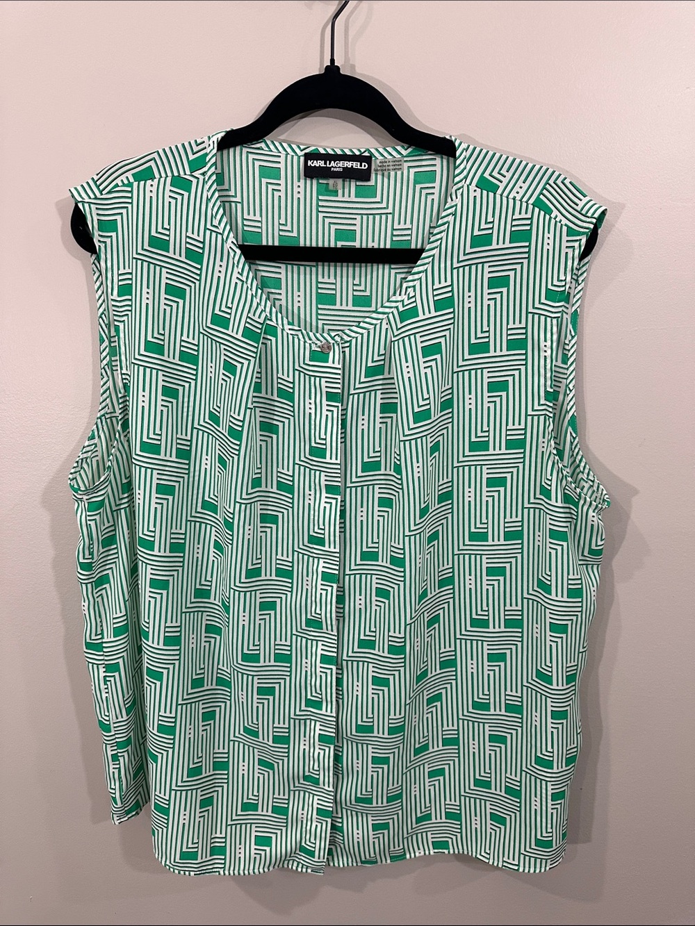 Karl Lagerfeld Green and White Geometric Print Sleeveless Blouse, XL